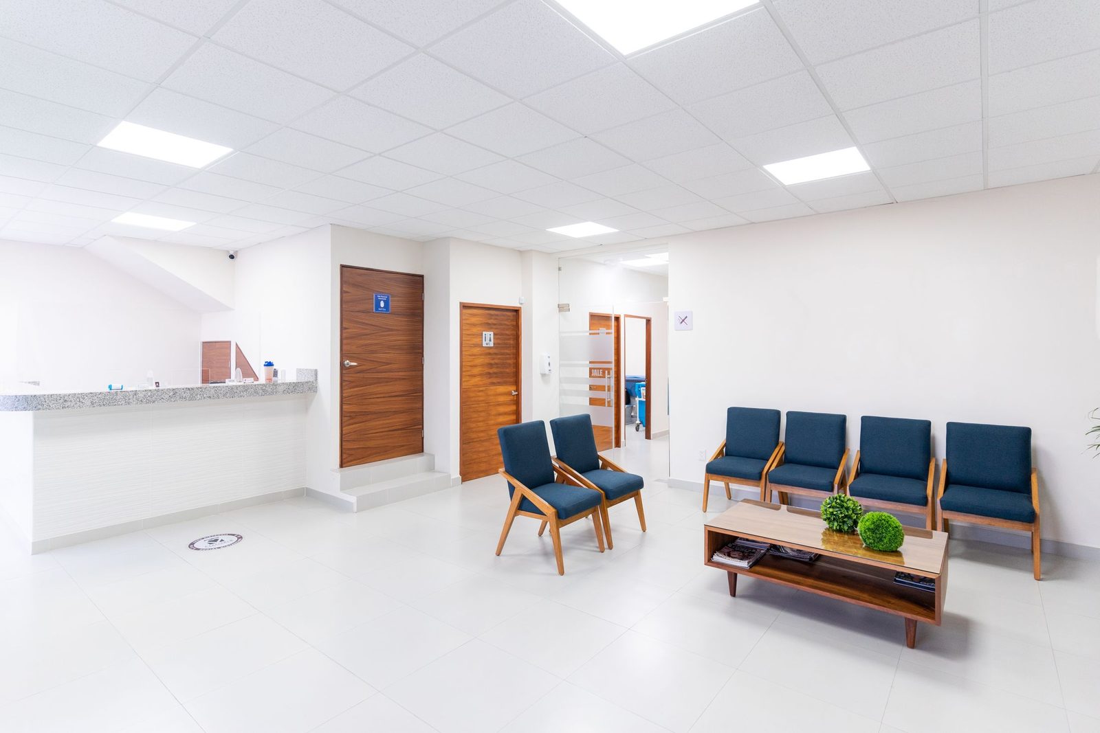 A bright, clean clinic waiting room with modern seating