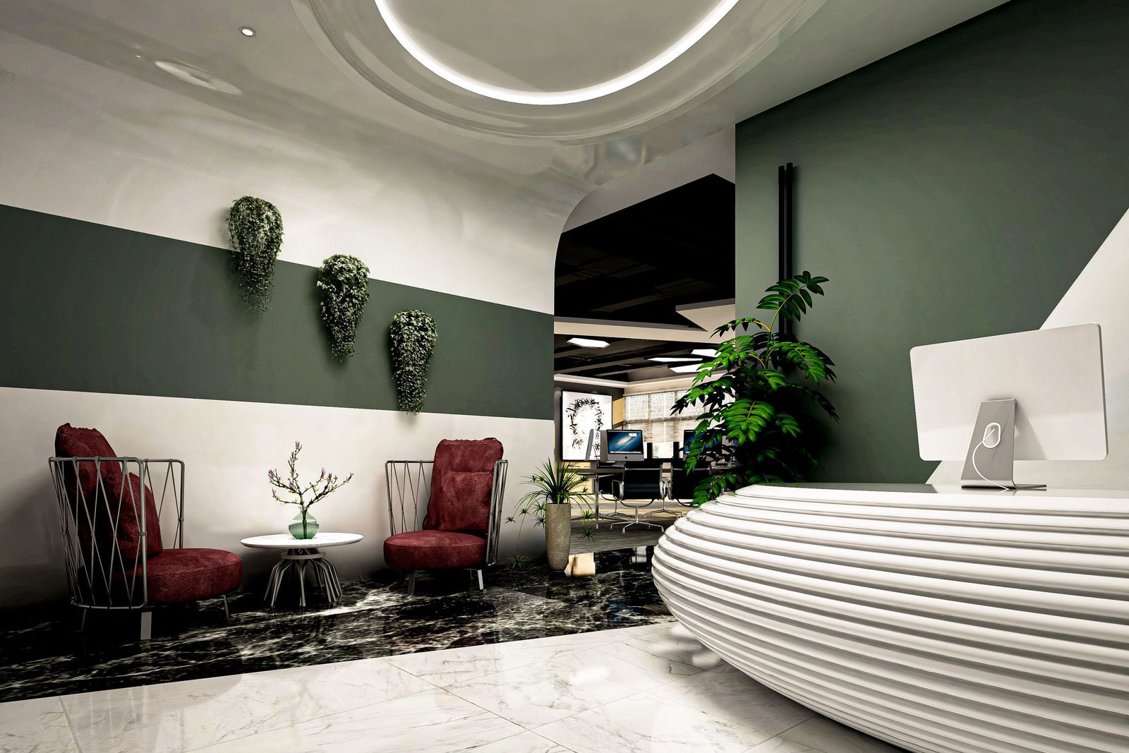 A reception area with chairs for waiting customers
